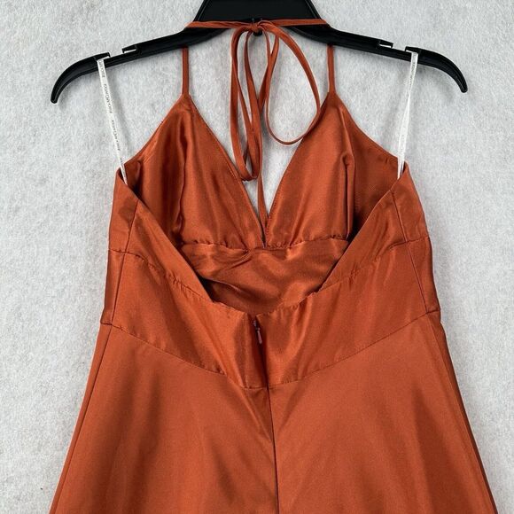 Jessica McClintock Maxi Dress Sz 6‎ Formal Satin Halter Wedding Burnt Orange - Picture 4 of 11
